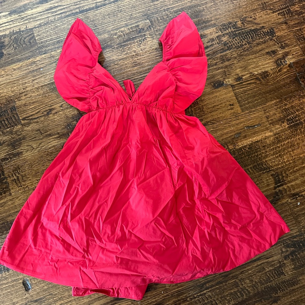 Vibrant Red Dress with Ruffled Sleeves